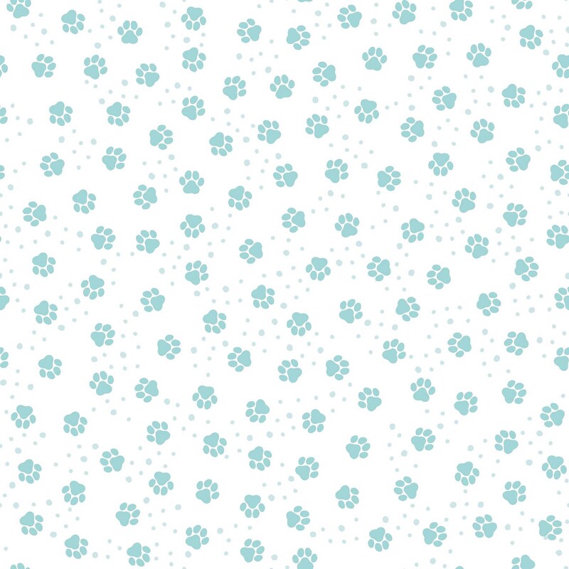 White fabric with light teal dots and turquoise dog paw prints 
