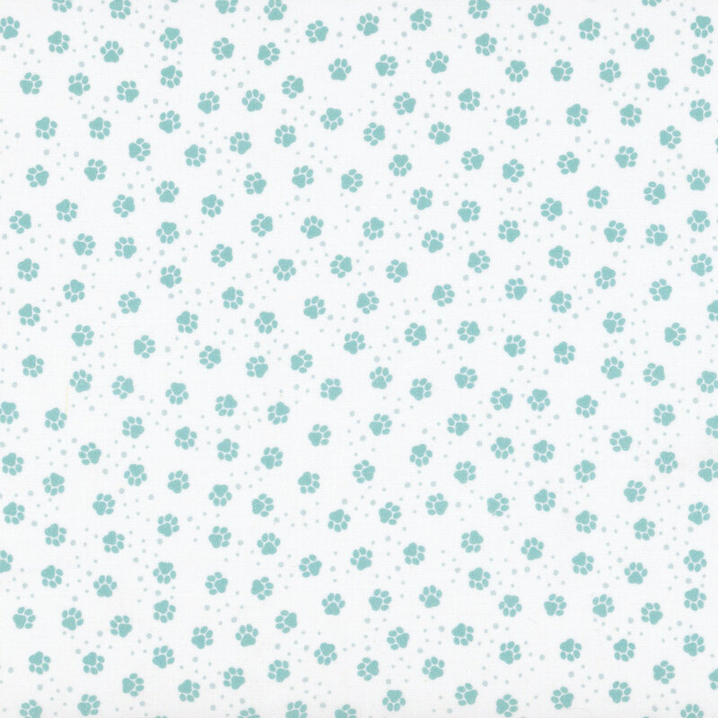 White fabric with light teal dots and turquoise dog paw prints 