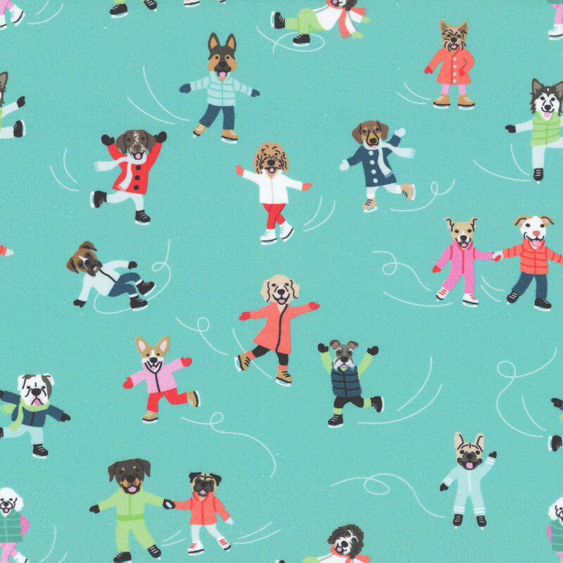 Teal fabric with dogs in snow gear ice skating