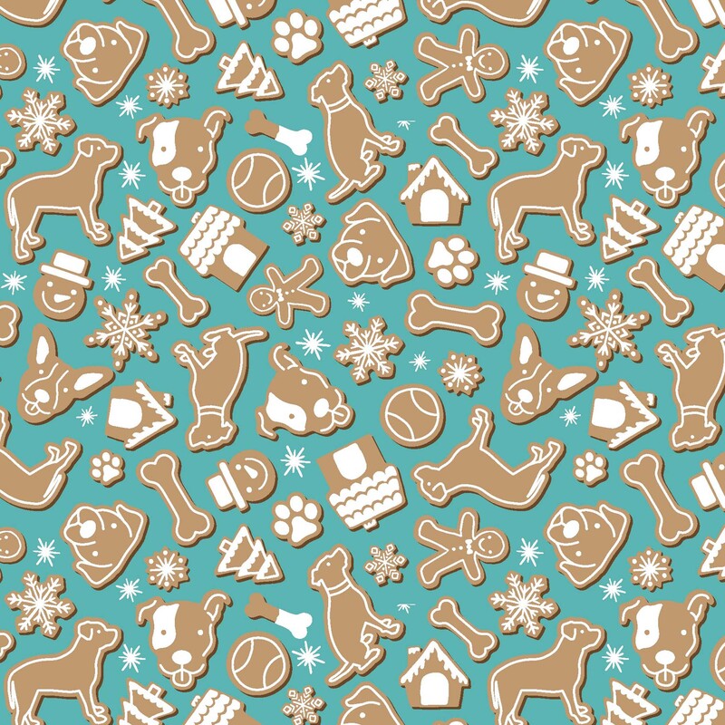 Turquoise fabric with white-frosted cookies shaped like dogs, bones, snowmen, snowflakes and other Christmas motifs