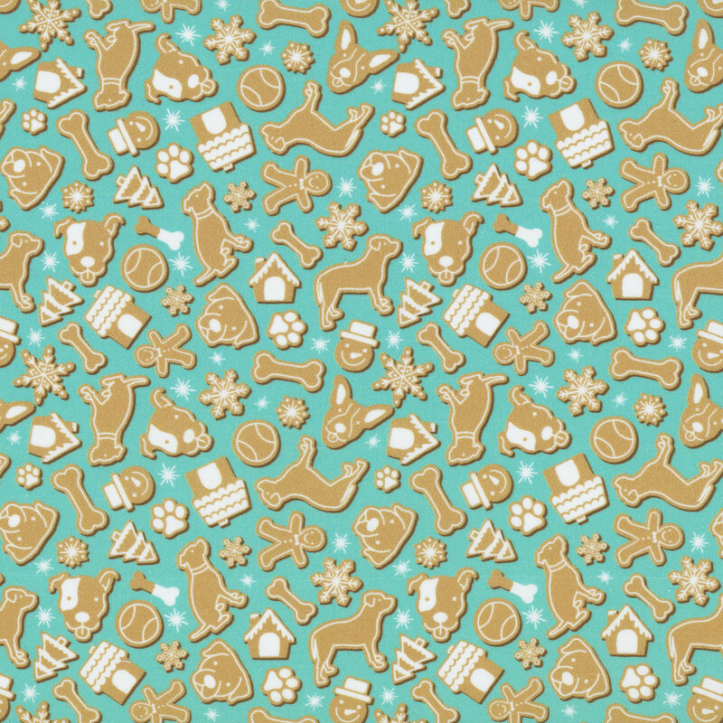 Turquoise fabric with white-frosted cookies shaped like dogs, bones, snowmen, snowflakes and other Christmas motifs