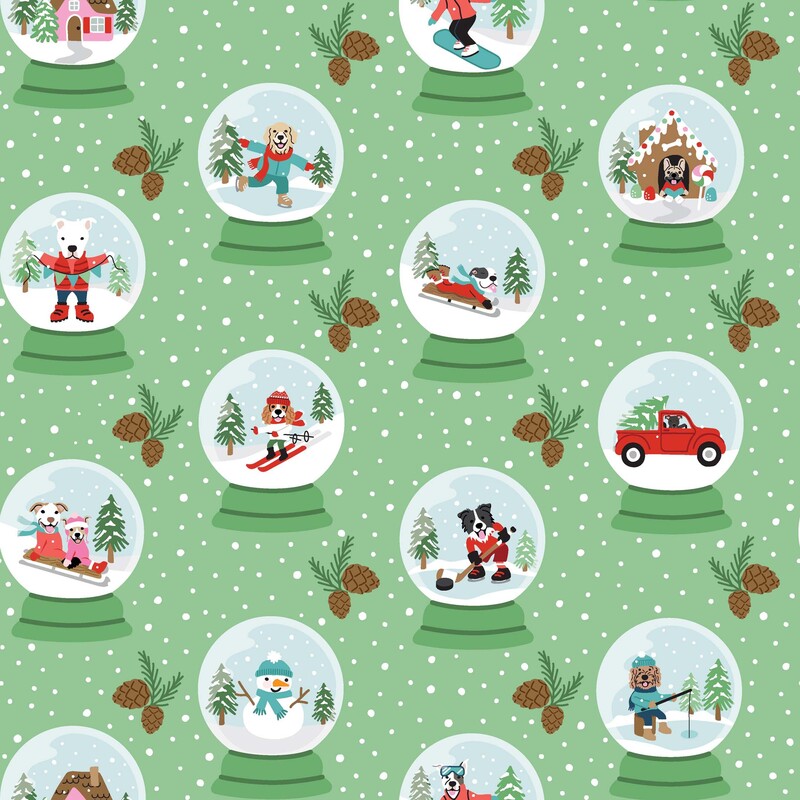 Mint green fabric with white dots, pinecones, and a pattern of snow globes with dogs doing winter activities inside