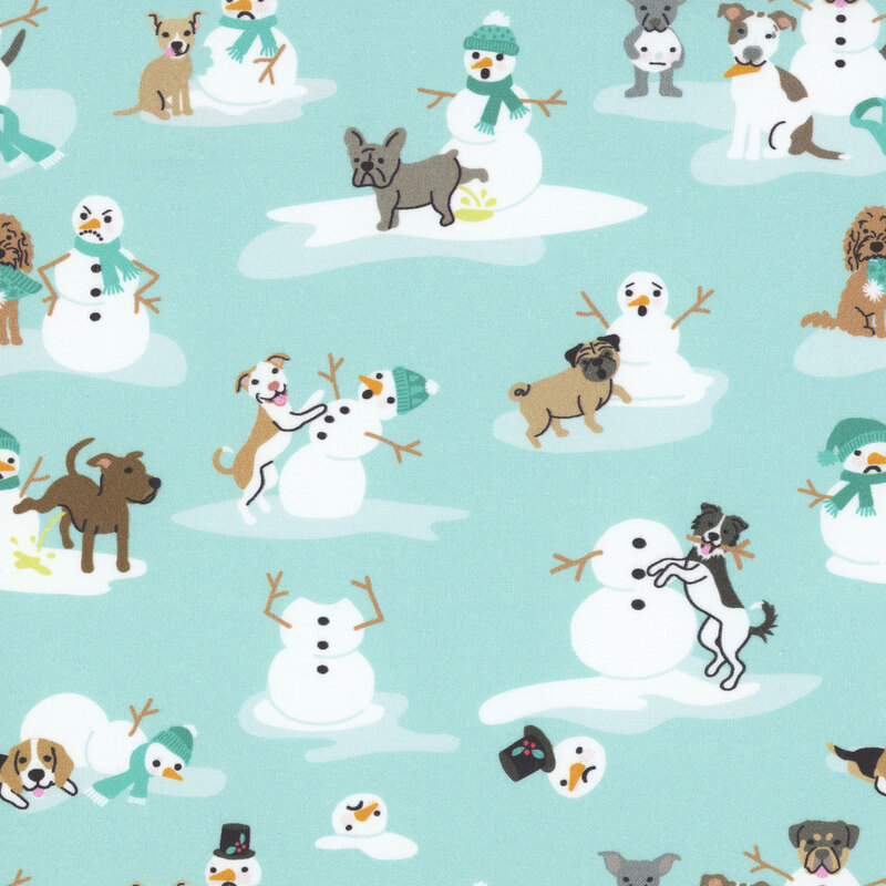 Bright aqua blue fabric with various dogs playing with snowmen 