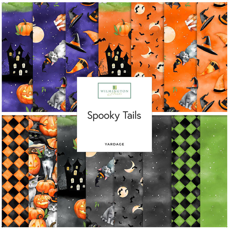 A collage of fabrics included in the Spooky Tails collection with purple, orange, black, and green fabrics with a Halloween motif.