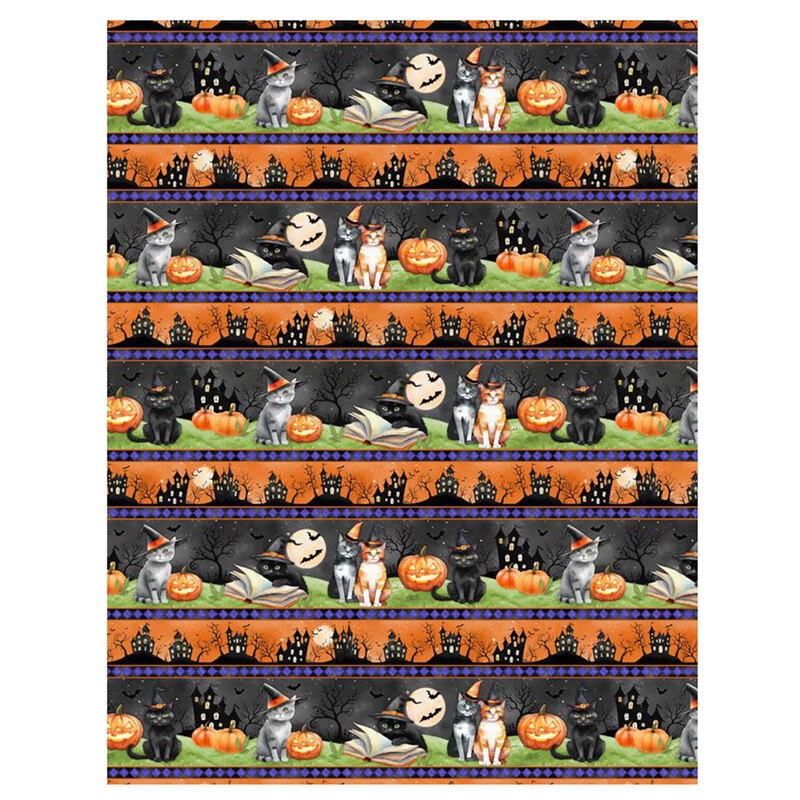 Border stripe fabric featuring a row of cats wearing witch's hats, pumpkins, and books alternating with a row of haunted houses and spooky trees under a full moon.