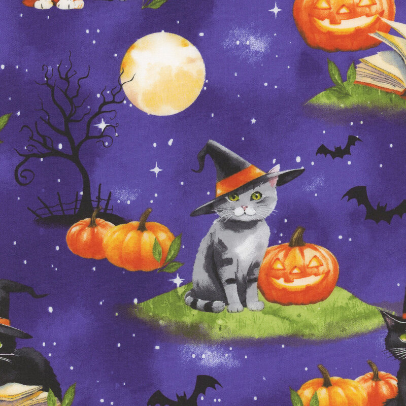 Mottled dark purple fabric featuring haunted houses, spooky trees, pumpkins, and cats wearing hats.