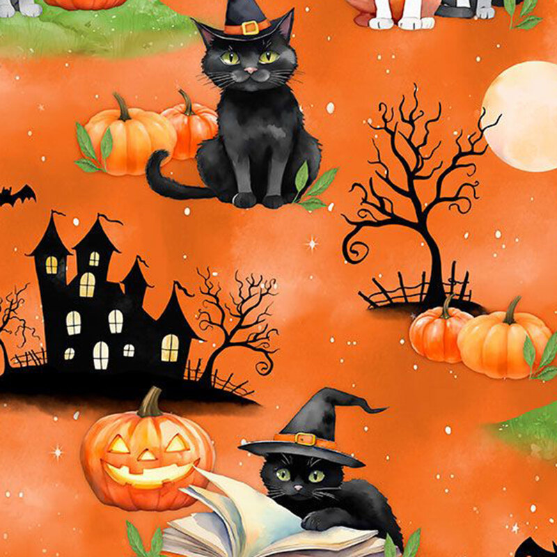 Mottled bright orange fabric featuring haunted houses, spooky trees, pumpkins, and black cats wearing hats.