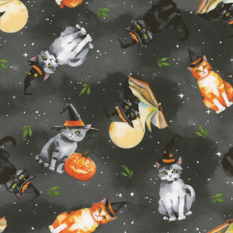 Cats wearing hats, reading books, or sitting with carved pumpkins against a mottled black starry background. 