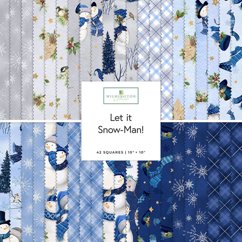 Two rows of patterned fabric swatches in gray, light blue, and navy featuring Snowmen, labeled Let it Snow-Man! from Wilmington Prints.