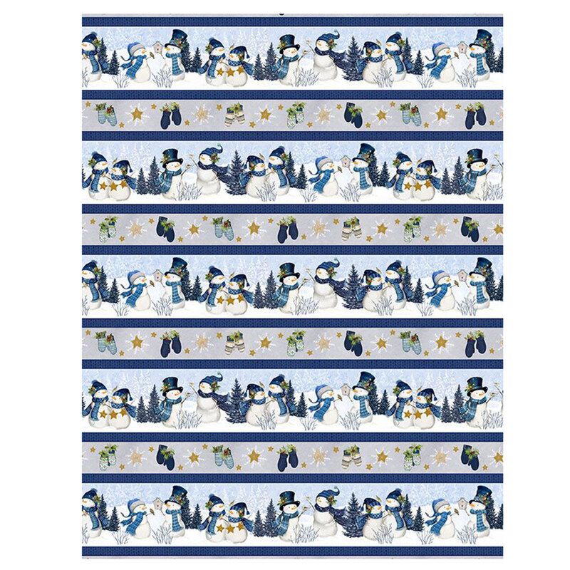 Blue border stripe fabric featuring a winter scene with snowmen alternating with a row of decorated mittens and stars.