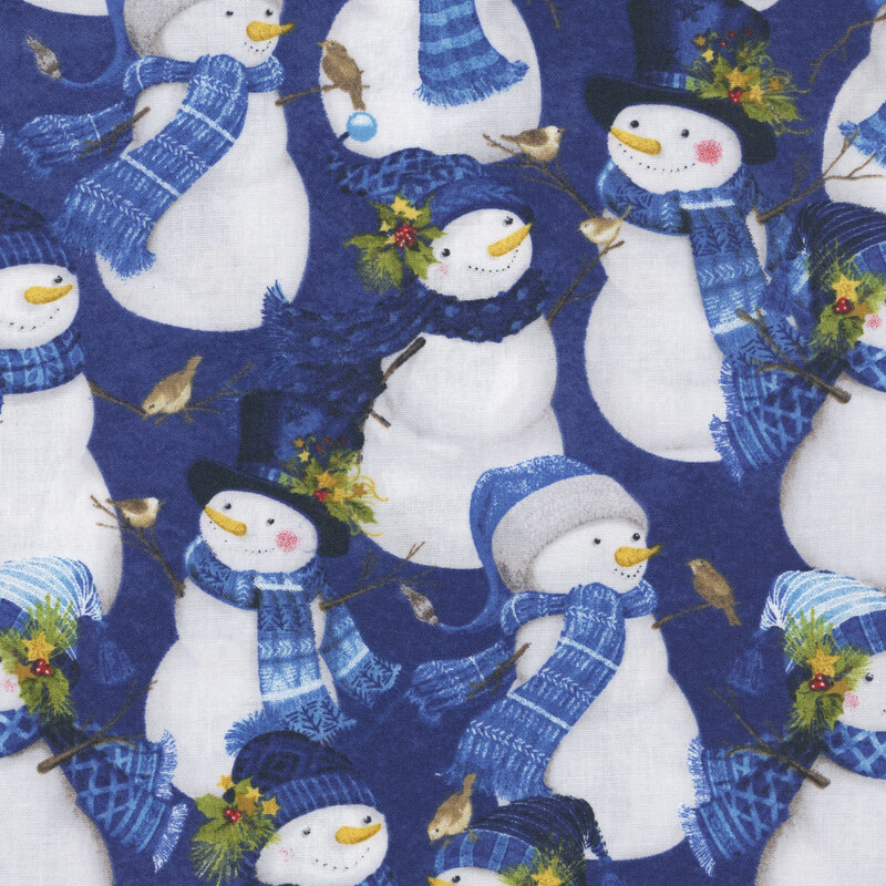 Festive snowmen dressed in warm scarves and hats, birds, bird houses, and holly decorations on a mottled navy blue background.