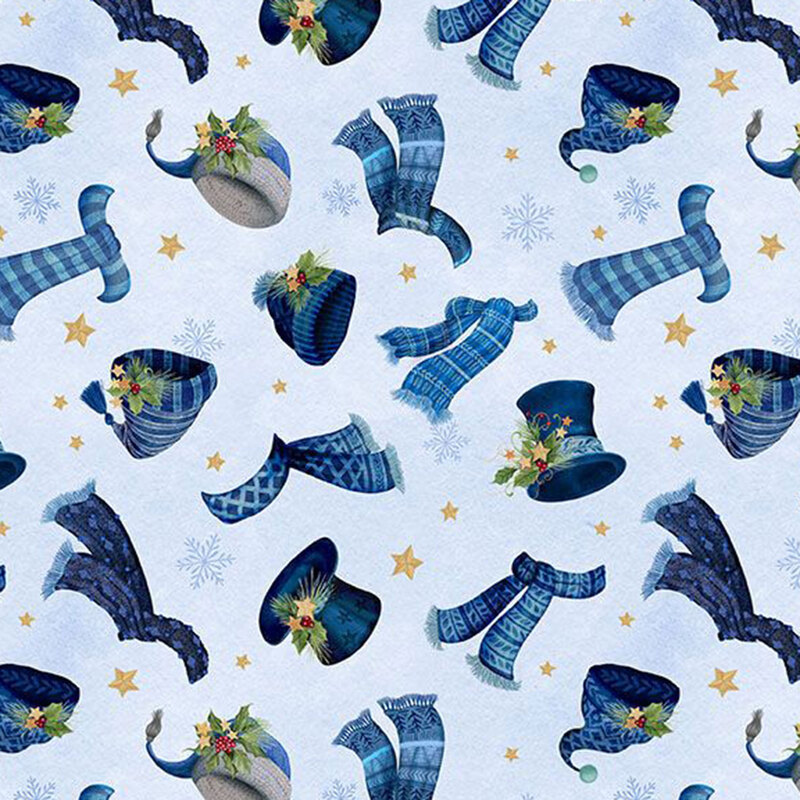 Mottled light blue fabric tossed with warm winter hats, scarves, sprigs of holly, stars, and snowflakes.