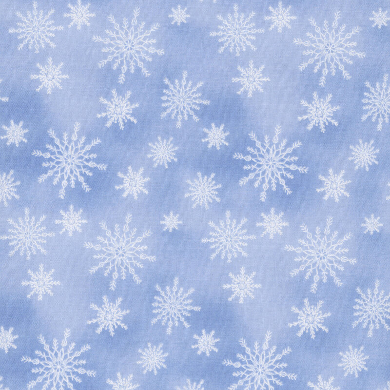 White snowflakes tossed on a mottled light blue background.