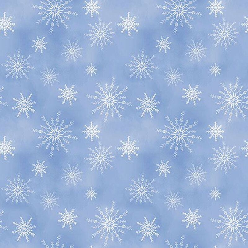 White snowflakes tossed on a mottled light blue background.