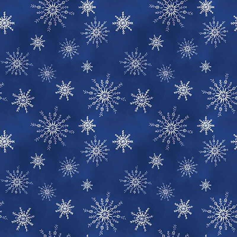 White snowflakes tossed on a mottled navy blue background.
