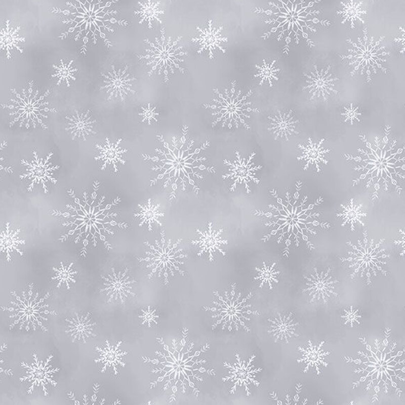 White snowflakes tossed on a mottled light gray background.