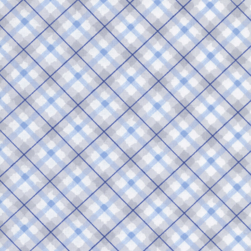 White, gray, blue, and dark blue diagonal plaid fabric.