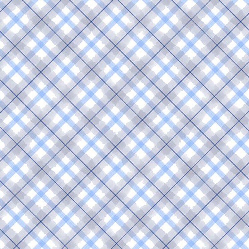 White, gray, blue, and dark blue diagonal plaid fabric.
