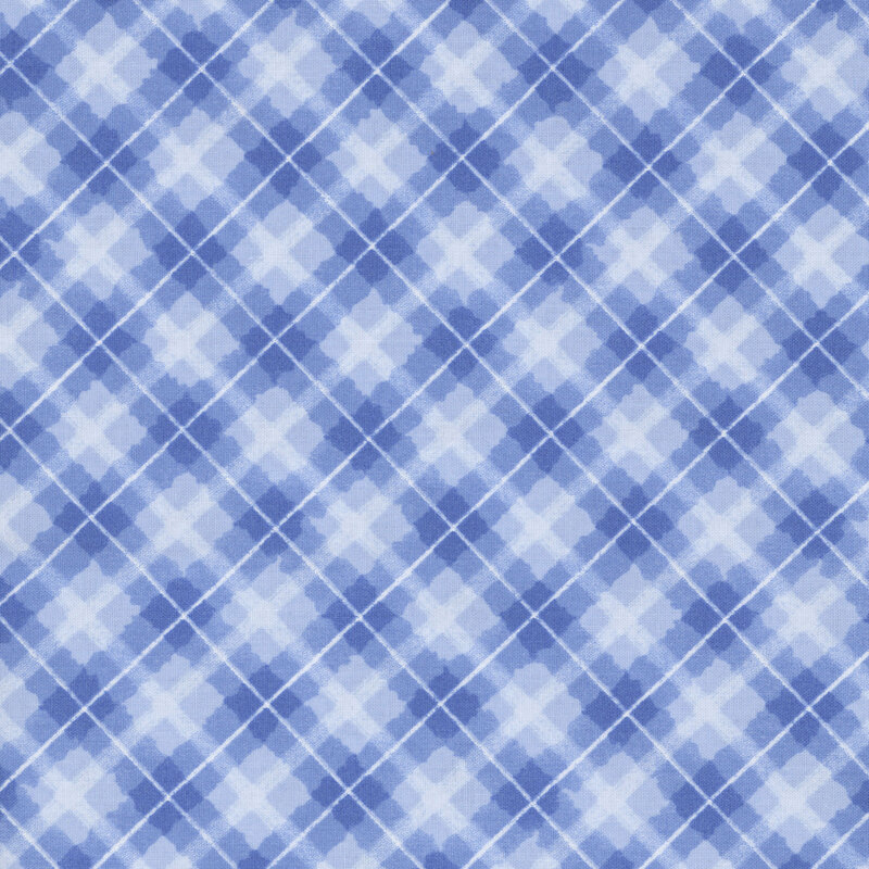 Mix of blue hues and white diagonal plaid fabric.