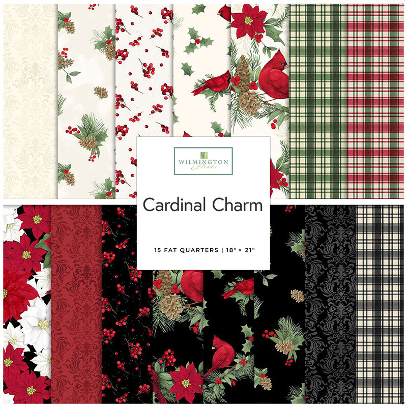A collage of fabrics included in the Cardinal Charm collection with cream, green, red, and black fabrics with a winter theme.