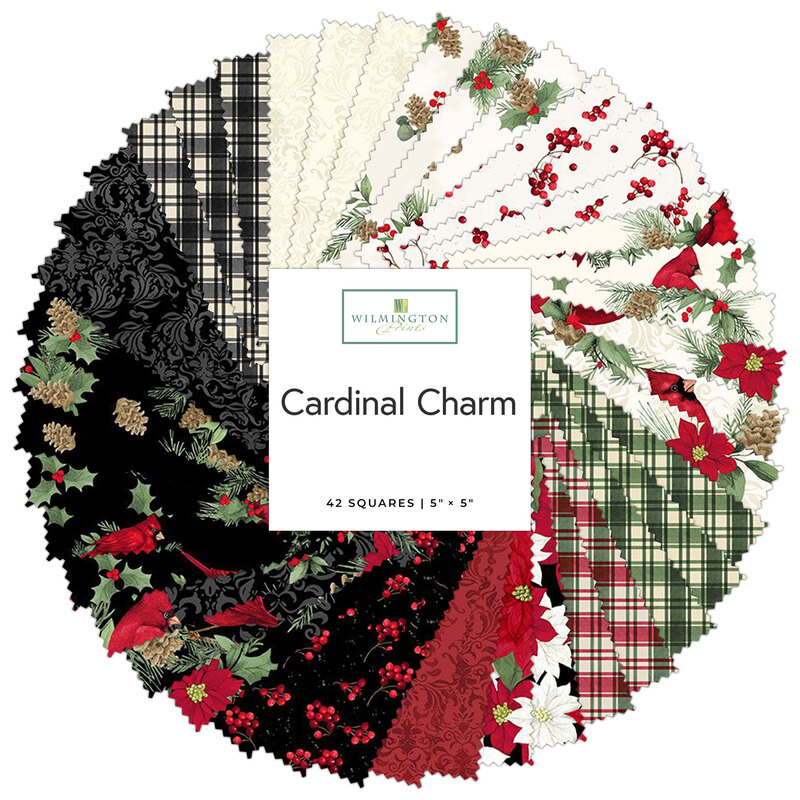 A collage of fabric swatches in cream, green, red, and black featuring winter themes, labeled Cardinal Charm from Wilmington Prints.