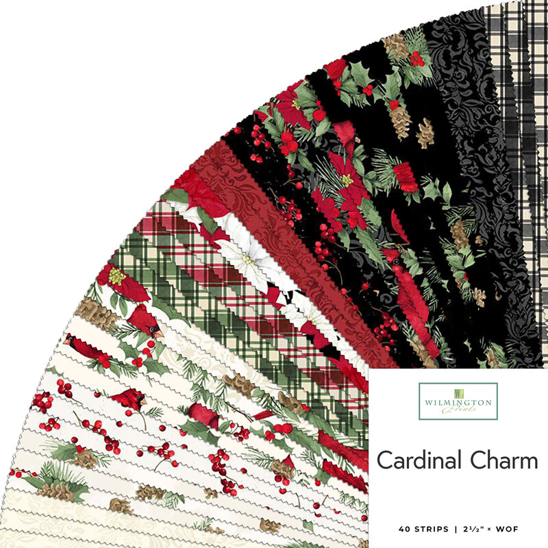 A collage of fabric strips in cream, green, red, and black with a winter theme in a circular display, labeled Cardinal Charm from Wilmington Prints.