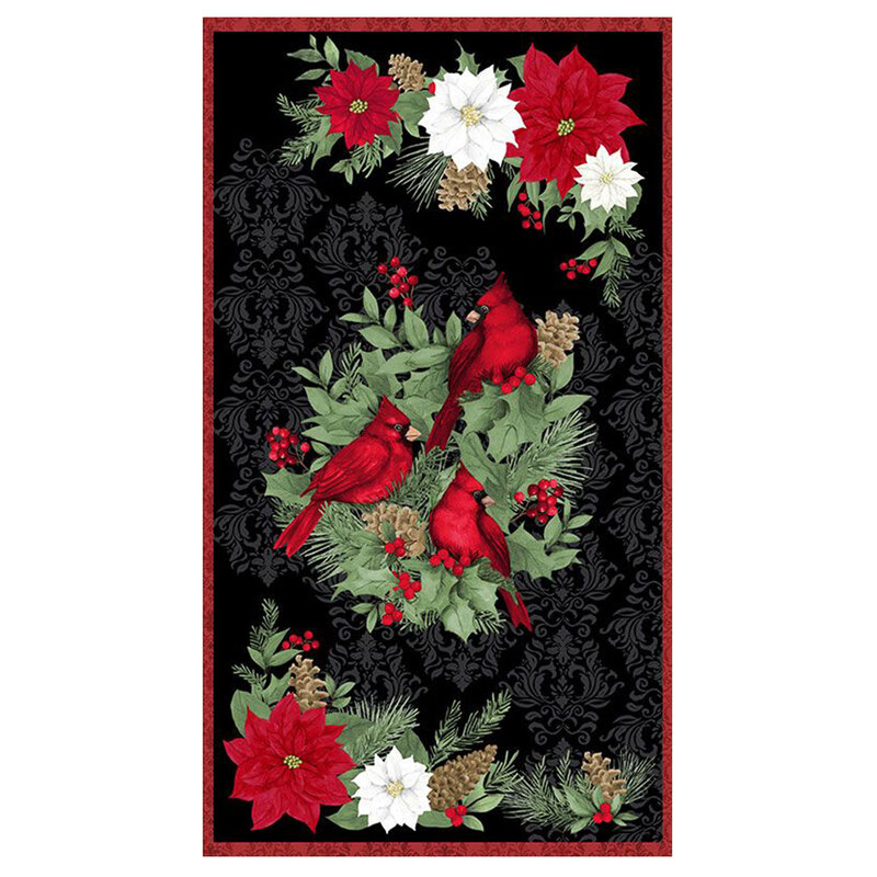 Black panel fabric featuring gorgeous centerpieces of poinsettias, evergreen, holly, and red cardinals on a tonal damask background.