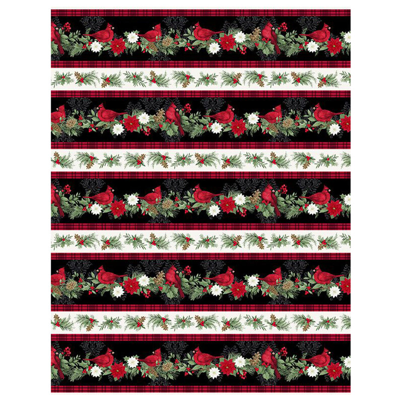 Black border stripe fabric featuring garlands of poinsettias, evergreens, and holly with red cardinals alternating with white rows of holly sprigs.