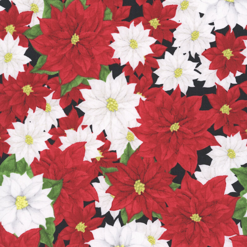 Red and white poinsettias on black fabric.