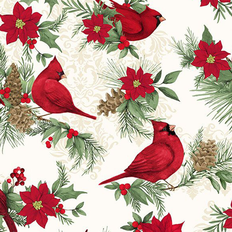 Cream fabric with sprigs of poinsettia, holly, and evergreens with cardinals on a tonal damask background.