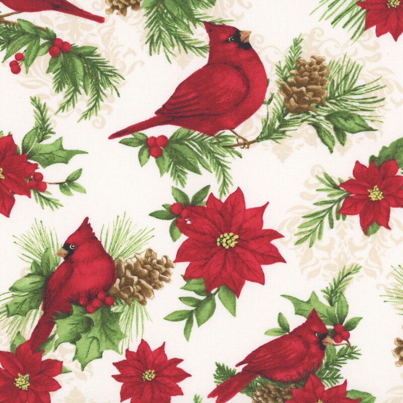 Light cream fabric with sprigs of poinsettia, holly, and evergreens with cardinals on a tonal damask background.