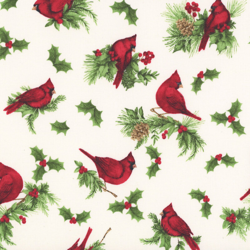 Pale cream fabric featuring sprigs of holly and red cardinals.