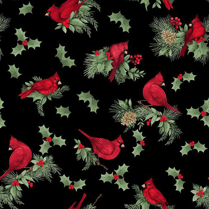 Black fabric featuring sprigs of holly and red cardinals.