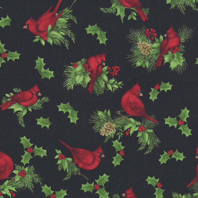 Black fabric featuring sprigs of holly and red cardinals.