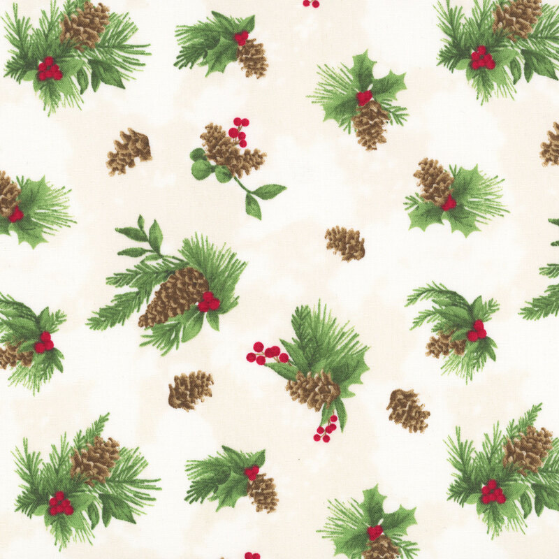 Mottled cream fabric tossed with sprigs of evergreen, holly, and pinecones.