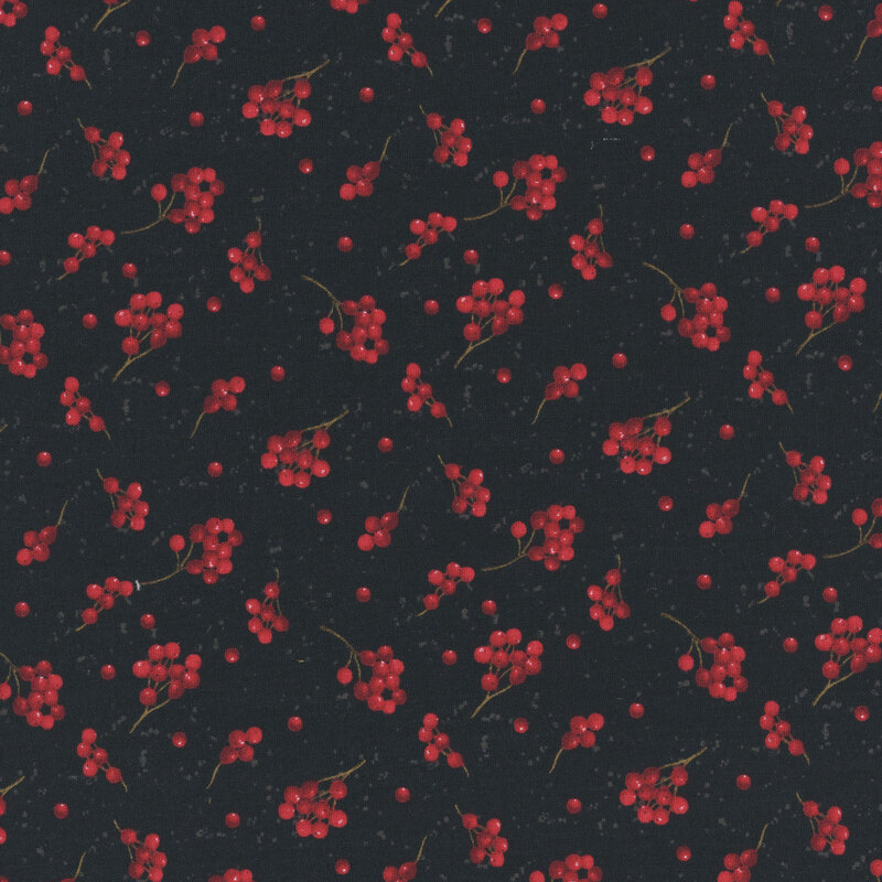 Sprigs of holly berries tossed on a black background.