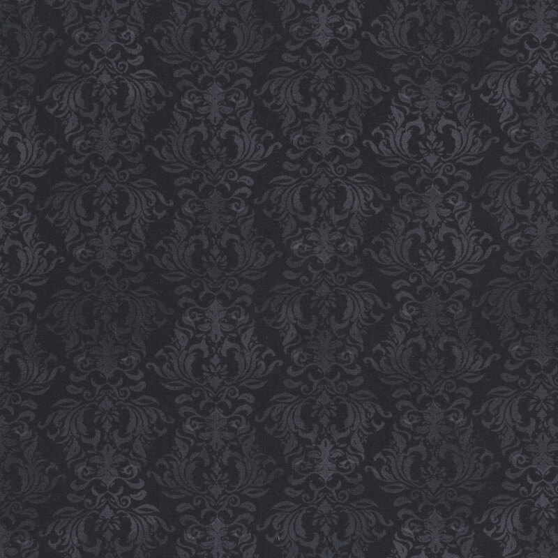 Black fabric with a tonal damask design.