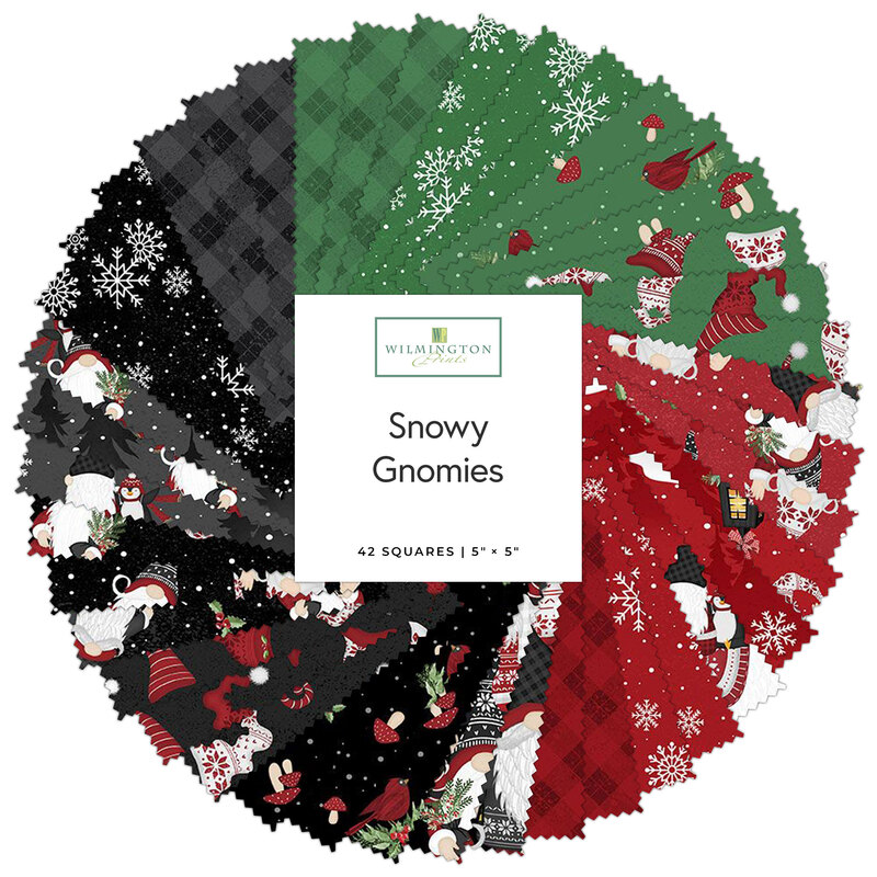 A collage of fabric swatches in green, red, and black in a circular pattern, labeled Snowy Gnomies from Wilmington Prints.