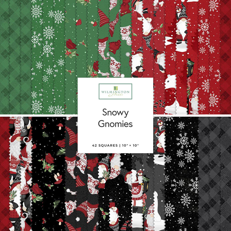Two rows of patterned fabric swatches in green, red, and black with a winter theme, labeled Snowy Gnomies from Wilmington Prints.