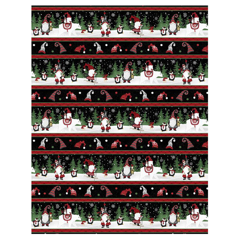 Black border stripe fabric featuring gnomes, penguins, and polar bears in winter scenes alternating with festive pointed winter hats.