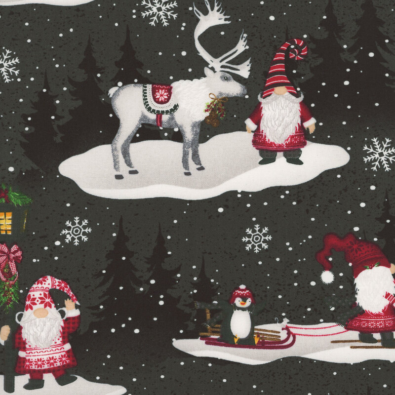 Black fabric with winter scenes featuring gnomes, penguins, and polar bears on a background of snowflakes and tree silhouettes.