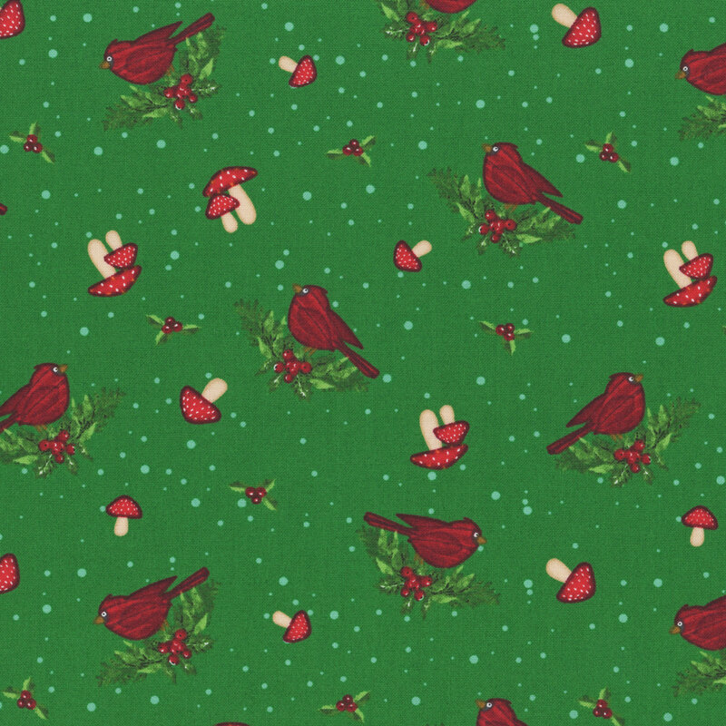 Green fabric tossed with sprigs of holly, red cardinals, and mushrooms on a dotted snowy background.
