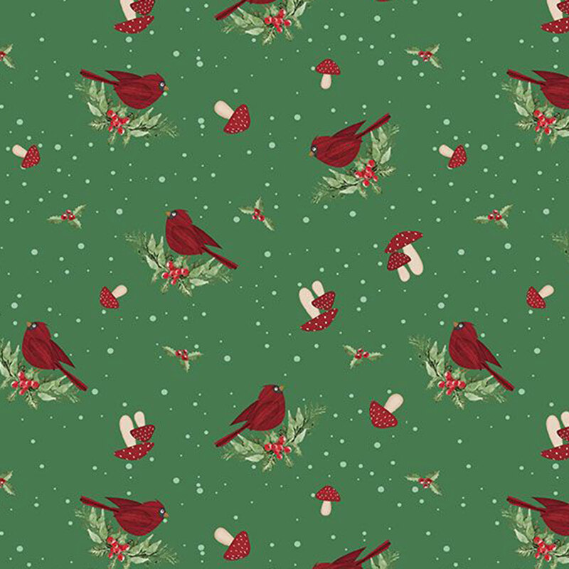 Green fabric tossed with sprigs of holly, red cardinals, and mushrooms on a dotted snowy background.