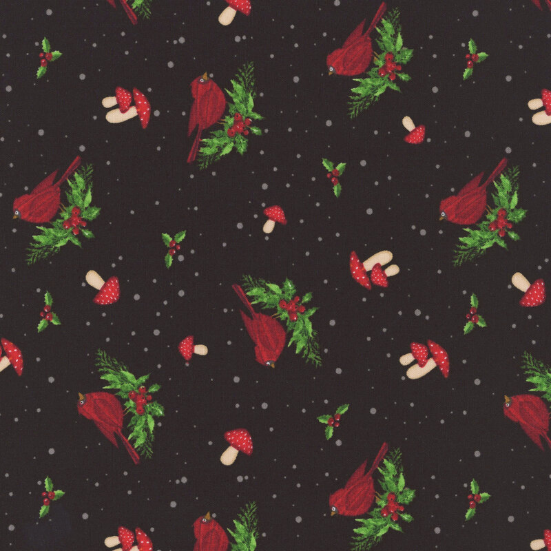Black fabric tossed with sprigs of holly, red cardinals, and mushrooms on a dotted snowy background.