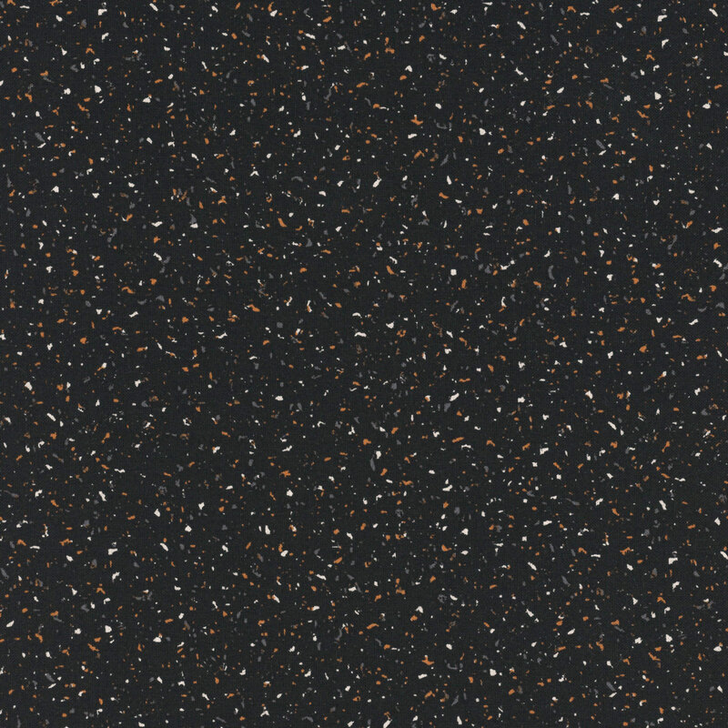 Jet black fabric with flecks of gray, white, and orange