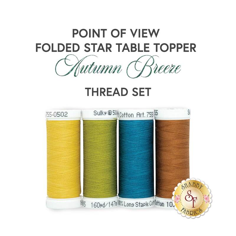 The thread set for the Point of View Folded Star Table Topper - Autumn Breeze, four spools of yellow, green, teal and brown thread