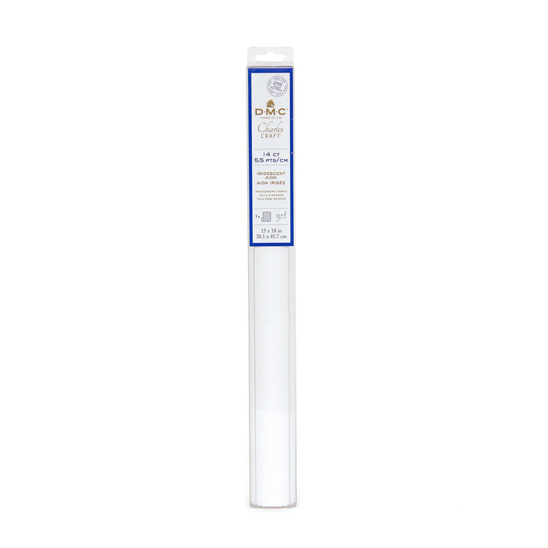 DMC Charles Craft Iridescent 14ct Aida in the color white with packaging.