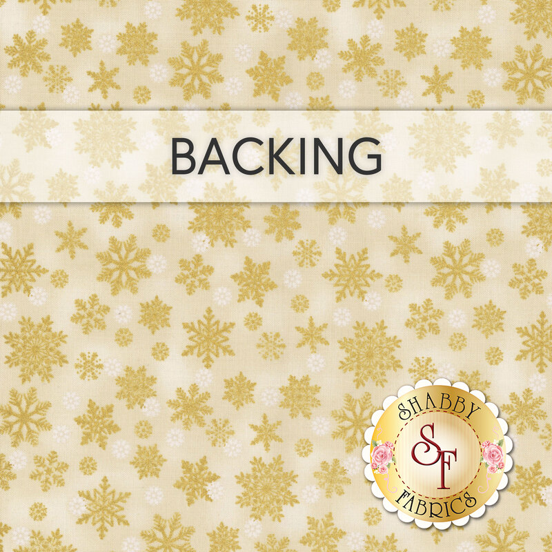 A swatch of mottled cream fabric with gold metallic scattered snowflakes. A banner at the top reads "Backing" and a golden Shabby Fabrics logo sits in the bottom right corner.