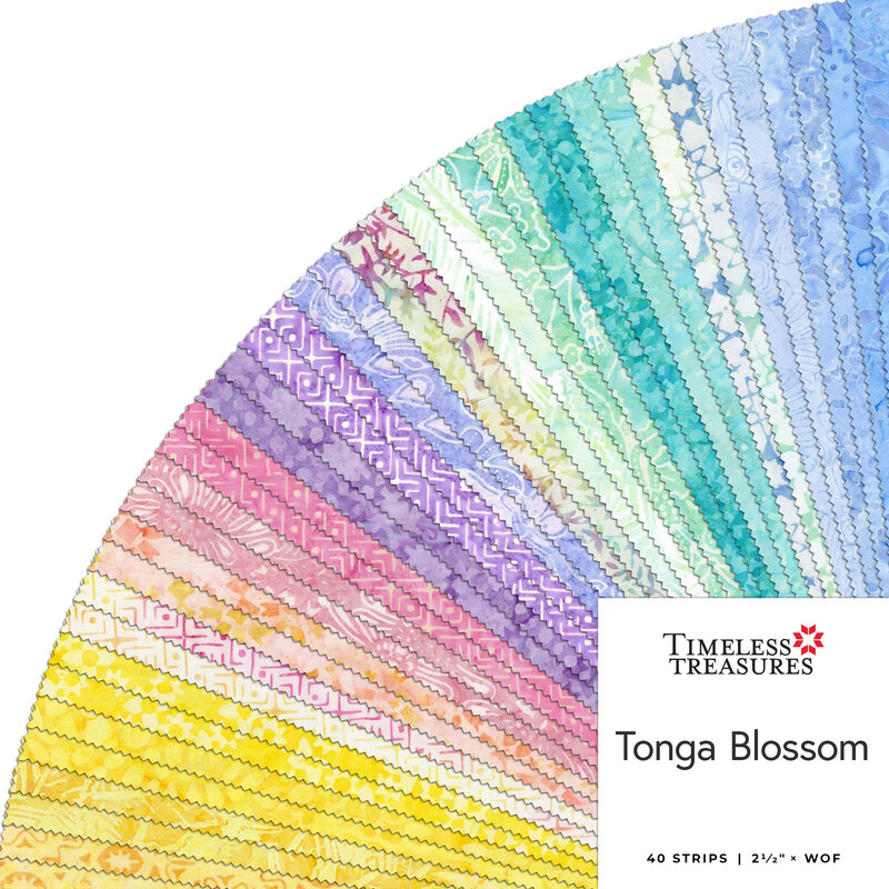 A collage of fabric strips in pastel colors featuring floral and geometric designs in a circular display, labeled Tonga Blossom by Timeless Treasures Fabrics.