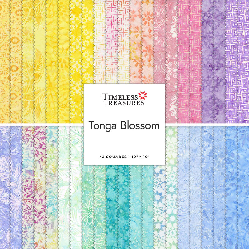 Two rows of patterned fabric swatches in pastel colors featuring floral and geometric designs, labeled Tonga Blossom by Timeless Treasures Fabrics.